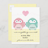 Carte Postale Faire-part CHOUETTE AMOUR :: fille douce + garçon (Devant / Derrière)