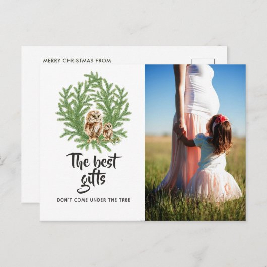 Carte Postale Faire-part Chouette aquarelle Noël bébé attend une photo (Devant / Derrière)