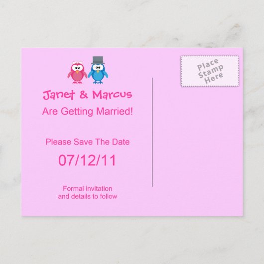 Carte Postale Faire-part Chouette Mariée Et Chouette Groom Enregistrer Le M (Dos)