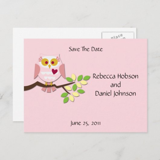 Carte Postale Faire-part Chouette rose Enregistrer La Date (Devant / Derrière)