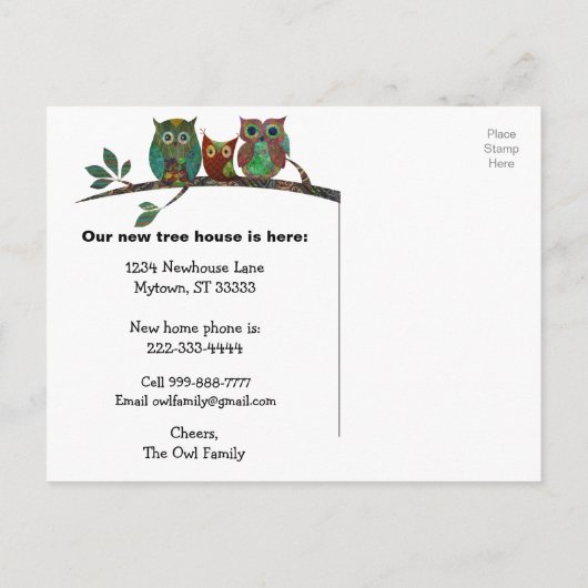 Carte Postale Faire-part Chouettes Fantaisistes Mignonnes Changement d'Adre (Dos)