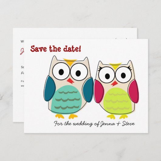Carte Postale Faire-part Chouettes mignonnes Enregistrer la date (Devant / Derrière)