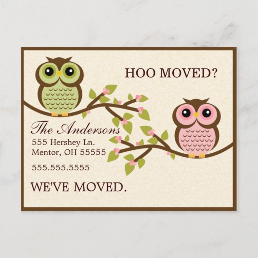 Carte Postale Faire-part Chouettes sur les succursales Déménagement Annonce (Devant)