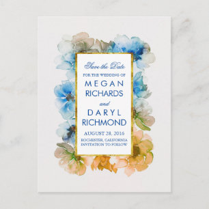 Carte Postale Faire-part Chute vintage Sauvez la date - Gold et Navy Floral