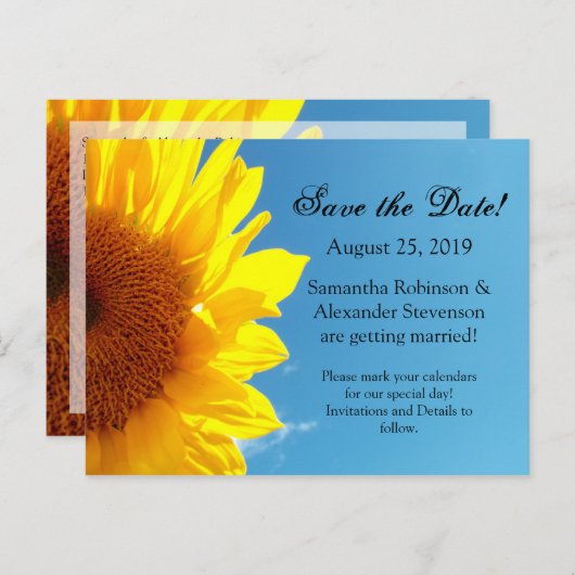 Carte Postale Faire-part Ciel bleu d'été Tournesol jaune Enregistrer la dat (Devant / Derrière)