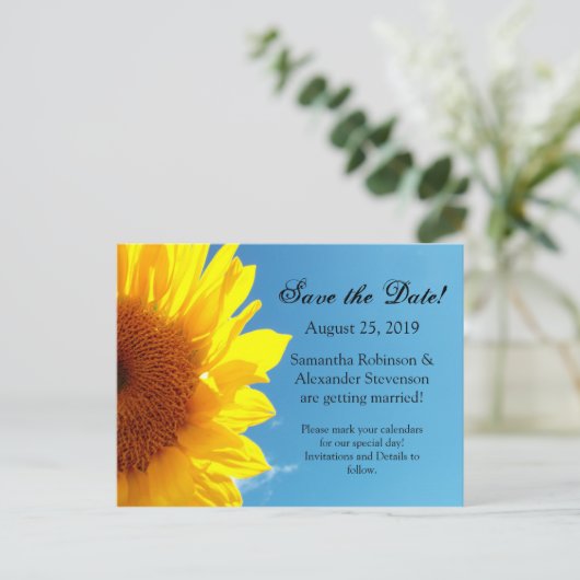 Carte Postale Faire-part Ciel bleu d'été Tournesol jaune Enregistrer la dat (Debout devant)