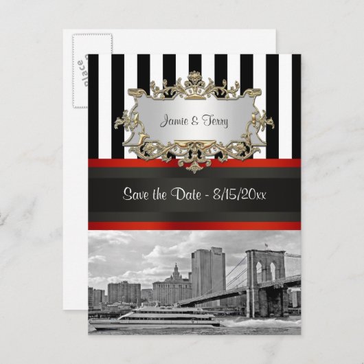 Carte Postale Faire-part Ciel de New York Pont de Brooklyn, Bateau Save the (Devant / Derrière)