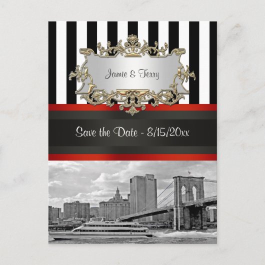 Carte Postale Faire-part Ciel de New York Pont de Brooklyn, Bateau Save the (Devant)