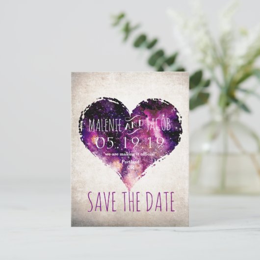 Carte Postale Faire-part Ciel étoilé coeur aquarelle pourpre Enregistrer la (Debout devant)