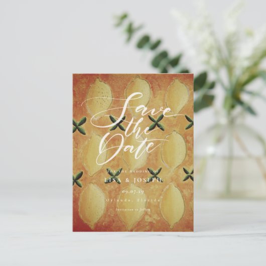 Carte Postale Faire-part Citrons Fruit Country Script Enregistrer la date (Debout devant)
