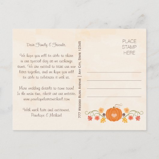 Carte Postale Faire-part Citrouille Monogram Automne Mariage Enregistrer la (Dos)