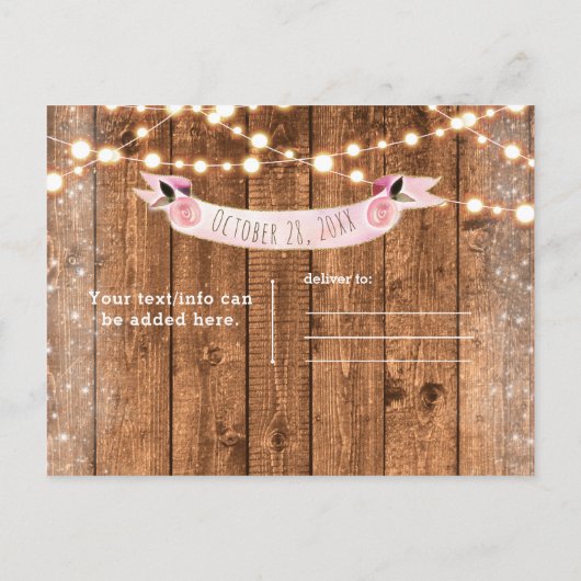 Carte Postale Faire-part Citrouille rose Automne Bois rustique Lumières Enr (Dos)