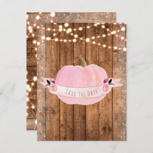 Carte Postale Faire-part Citrouille Rose Automne Rustique Bois Lumières Sau (Devant / Derrière)