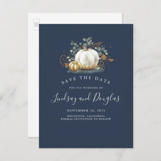Carte Postale Faire-part Citrouilles blanches et dorées automne Enregistrer (Devant / Derrière)