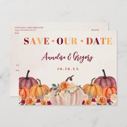 Carte Postale Faire-part Citrouilles d'automne Sauver notre date (Devant / Derrière)