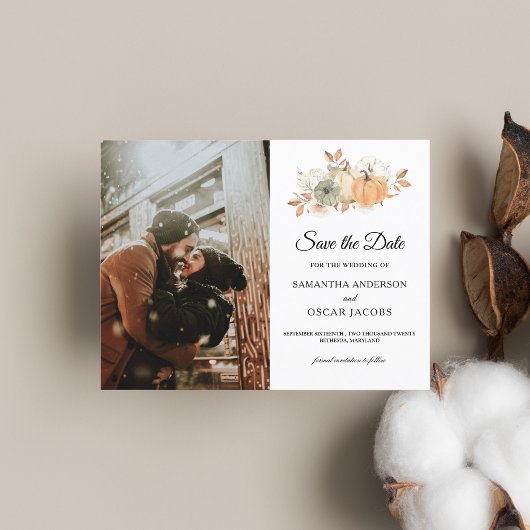 Carte Postale Faire-part Citrouilles et fleurs à l'aquarelle d'automne