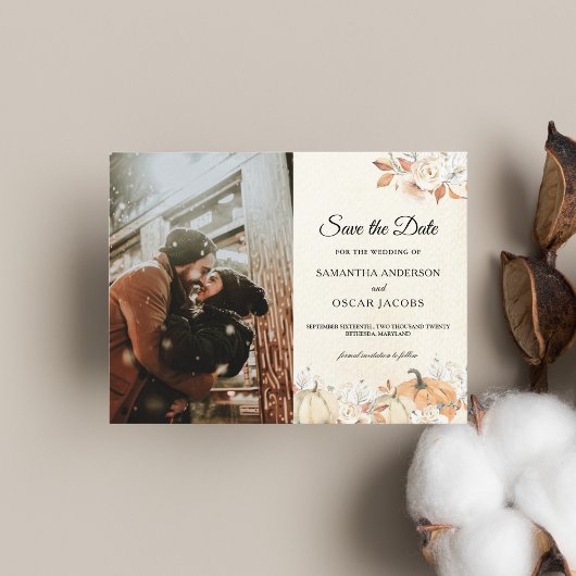 Carte Postale Faire-part Citrouilles et Fleurs d'Automne Rustiques