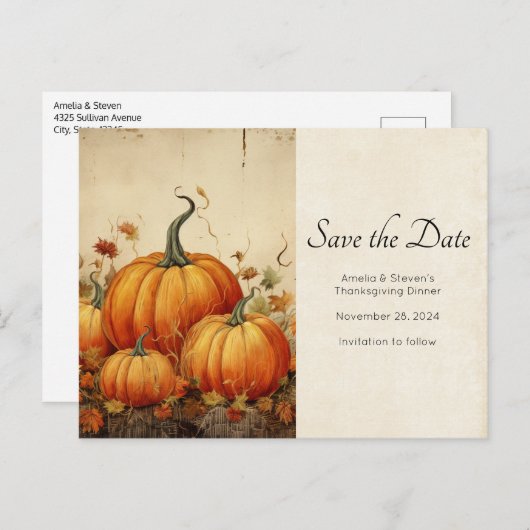 Carte Postale Faire-part Citrouilles oranges Rustique Automne Action de grâ (Devant / Derrière)