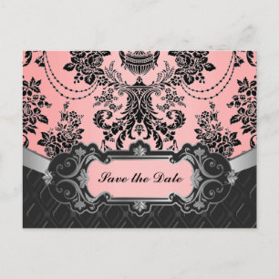 Carte Postale Faire-part Clair rose et noir Mariage damassé Enregistrer les