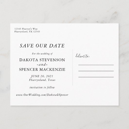 Carte Postale Faire-part Classique Bleu Casual Script Sauver Notre Date Pho (Dos)