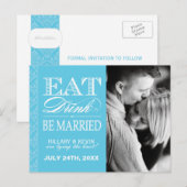 Carte Postale Faire-part Classy Aqua Blue Damask Enregistrer la date (Devant / Derrière)