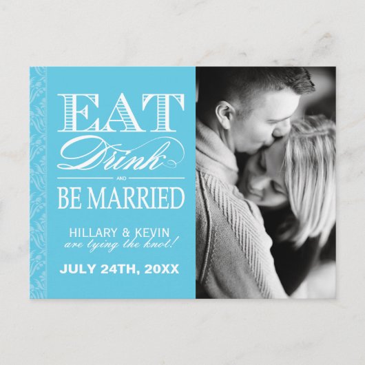 Carte Postale Faire-part Classy Aqua Blue Damask Enregistrer la date (Devant)