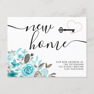 Carte Postale Faire-part Clé aquarelle florale sarcelle nouvelle maison cœu