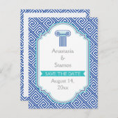 Carte Postale Faire-part Clé grecque et colonne bleue mariage Save the Date (Devant / Derrière)
