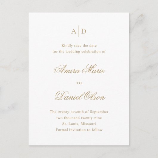 Carte Postale Faire-part Clean Gold Classic Wedding Enregistrer la date (Devant)