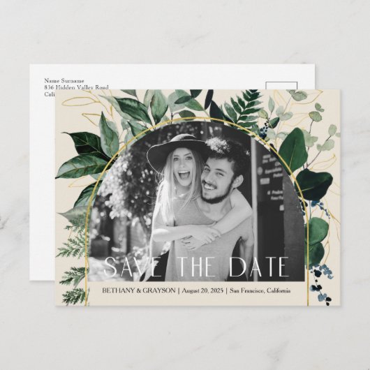Carte Postale Faire-part Code QR, Beige Greenery mariage photo enregistrer (Devant / Derrière)