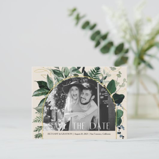 Carte Postale Faire-part Code QR, Beige Greenery mariage photo enregistrer  (Debout devant)