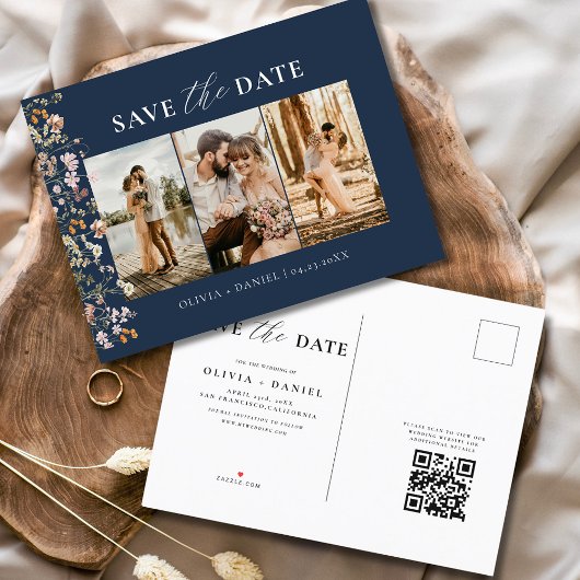 Carte Postale Faire-part Code QR Bleu Marine Fleur de Mariage Floral Sauvag