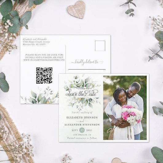 Carte Postale Faire-part Code QR mariage Elégant Rustique vert eucalyptus
