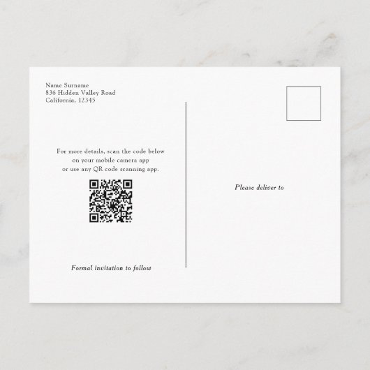 Carte Postale Faire-part Code QR Modern Greenery feuilles Photo enregistrer (Dos)