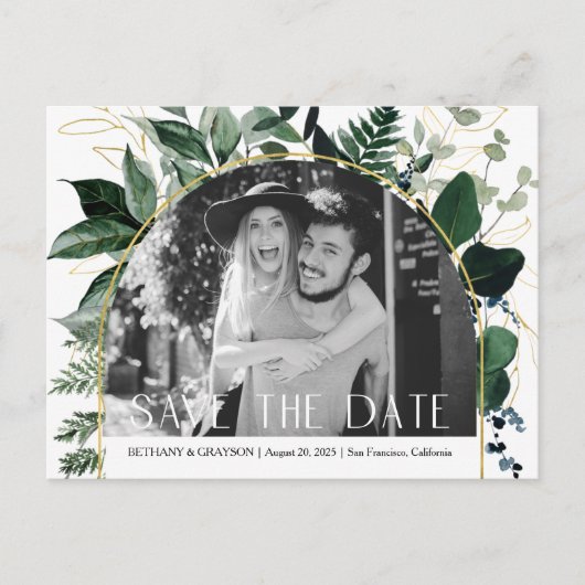 Carte Postale Faire-part Code QR Modern Greenery feuilles Photo enregistrer (Devant)