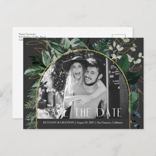 Carte Postale Faire-part Code QR, photo botanique moderne élégante, date de (Devant / Derrière)