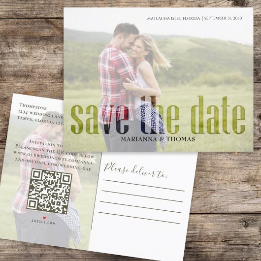Carte Postale Faire-part Code QR photo de script de calligraphie doré Budge