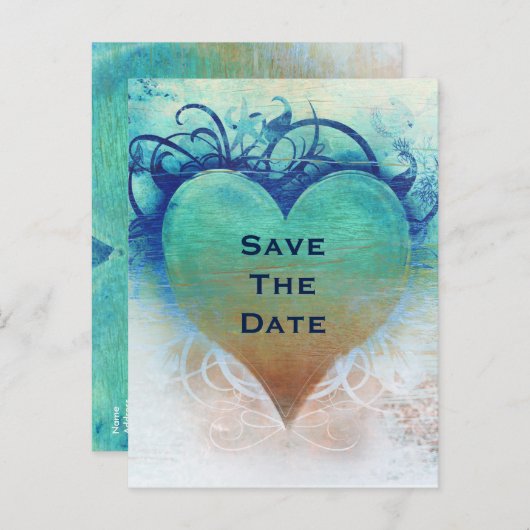 Carte Postale Faire-part Cœur Bleu Océan Grunge Plage Tropical (Devant / Derrière)