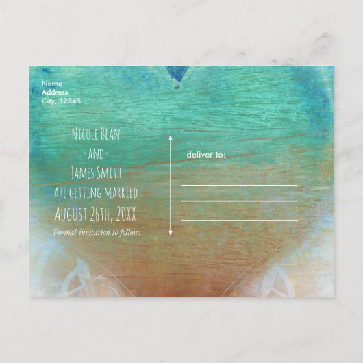 Carte Postale Faire-part Cœur Bleu Océan Grunge Plage Tropical (Dos)