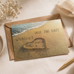 Carte Postale Faire-part Cœur dans le rivage de la plage