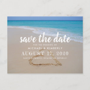 Carte Postale Faire-part Cœur dans le sable de la plage Mariage Date à rete