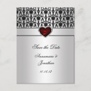 Carte Postale Faire-part Cœur de bijou rouge en damas noir Sauver l'argent