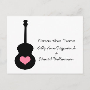 Carte Postale Faire-part Coeur de guitare noir/rose Enregistrer la date Car