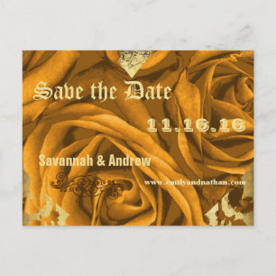 Carte Postale Faire-part Cœur d'Or Roses et Papillons Enregistrez la Date