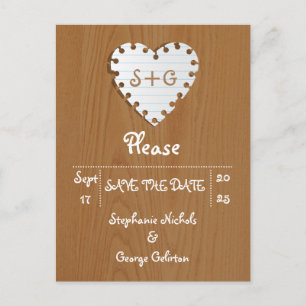 Carte Postale Faire-part Cœur en papier sur bois mariage Save the Date