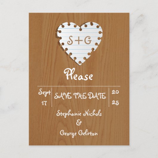 Carte Postale Faire-part Cœur en papier sur bois mariage Save the Date (Devant)