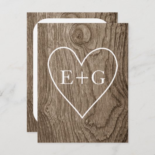 Carte Postale Faire-part Coeur & initiales bois mariage rustique Enregistre (Devant / Derrière)