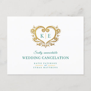 Carte Postale Faire-part Coeur monogramme mariage annulation or vert