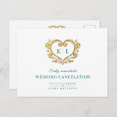 Carte Postale Faire-part Coeur monogramme mariage annulation or vert (Devant / Derrière)