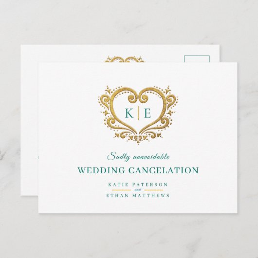Carte Postale Faire-part Coeur monogramme mariage annulation or vert (Devant / Derrière)